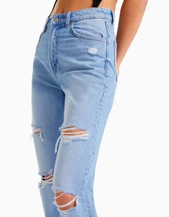 BERSHKA Jeans mom rotos Azul Online