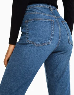 BERSHKA Jeans mom slim confort Azul lavado Discount