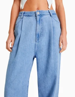 BERSHKA Jeans 90's pliegues Azul lavado Outlet