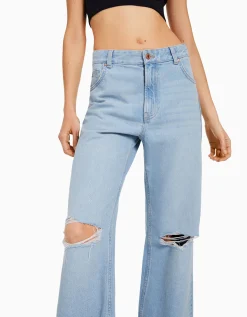 BERSHKA Jeans 90's wide leg rotos Azul Sale
