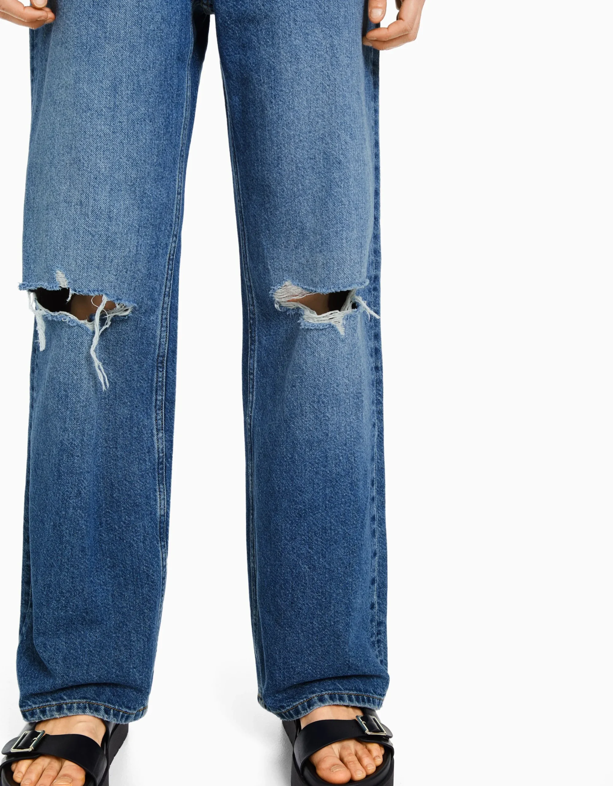 BERSHKA Jeans 90's wide leg rotos Azul Clearance