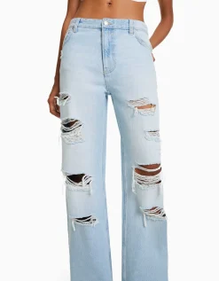 BERSHKA Jeans 90's wide leg rotos Azul lavado Best Sale