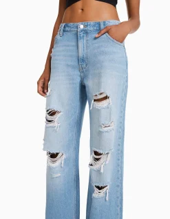 BERSHKA Jeans 90's wide leg rotos Azul lavado Sale