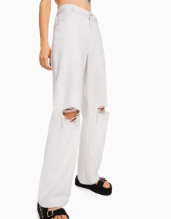 BERSHKA Jeans 90's wide leg rotos Azul Flash Sale