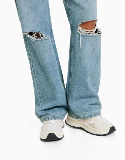 BERSHKA Jeans 90's wide rotos Azul Cheap