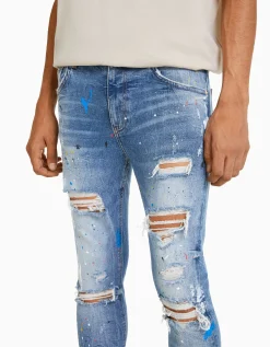 BERSHKA Jeans skinny rotos pintura Azul lavado Best Sale