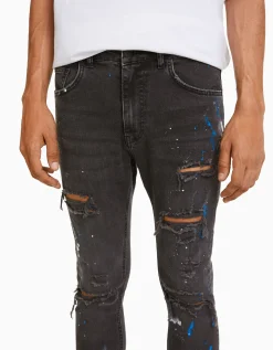 BERSHKA Jeans skinny rotos pintura Azul lavado Discount