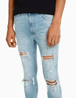 BERSHKA Jeans skinny rotos pintura Azul lavado Best Sale