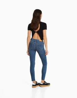 BERSHKA Jeans skinny vintage tiro bajo Azul Best Sale