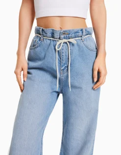 BERSHKA Jeans straight cintura elástica Azul lavado Best