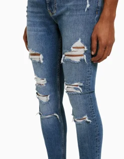 BERSHKA Jeans super skinny rotos Azul Cheap