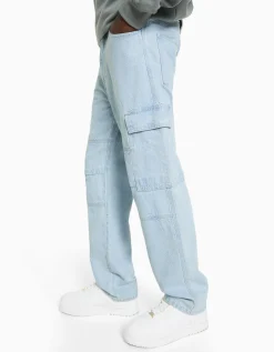 BERSHKA Jeans wide cargo Azul claro Outlet