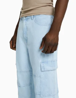BERSHKA Jeans wide cargo Azul Fashion