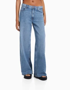 BERSHKA Jeans wide leg Azul claro Outlet