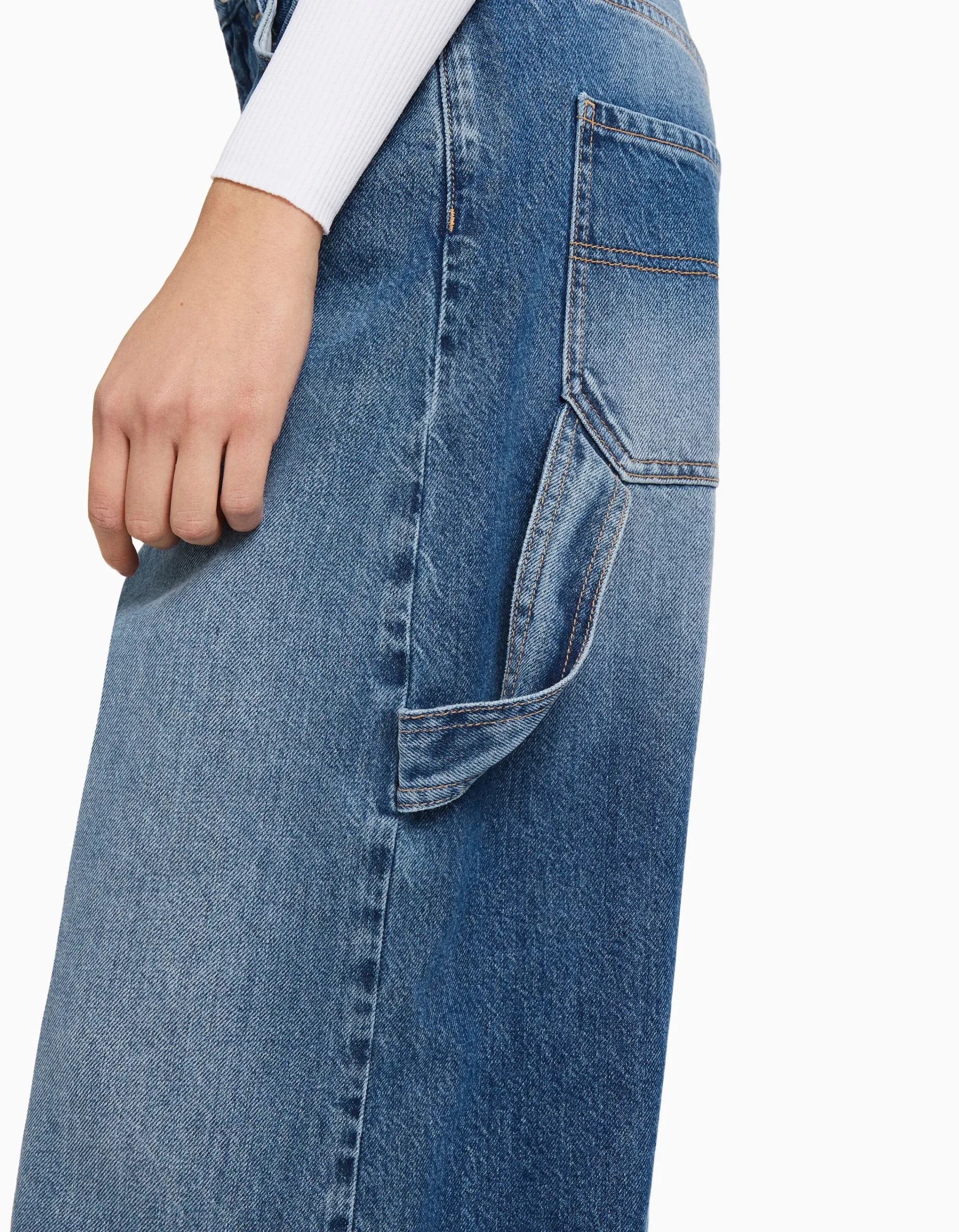 BERSHKA Jeans wide leg balloon carpenter detalle Azul lavado Online