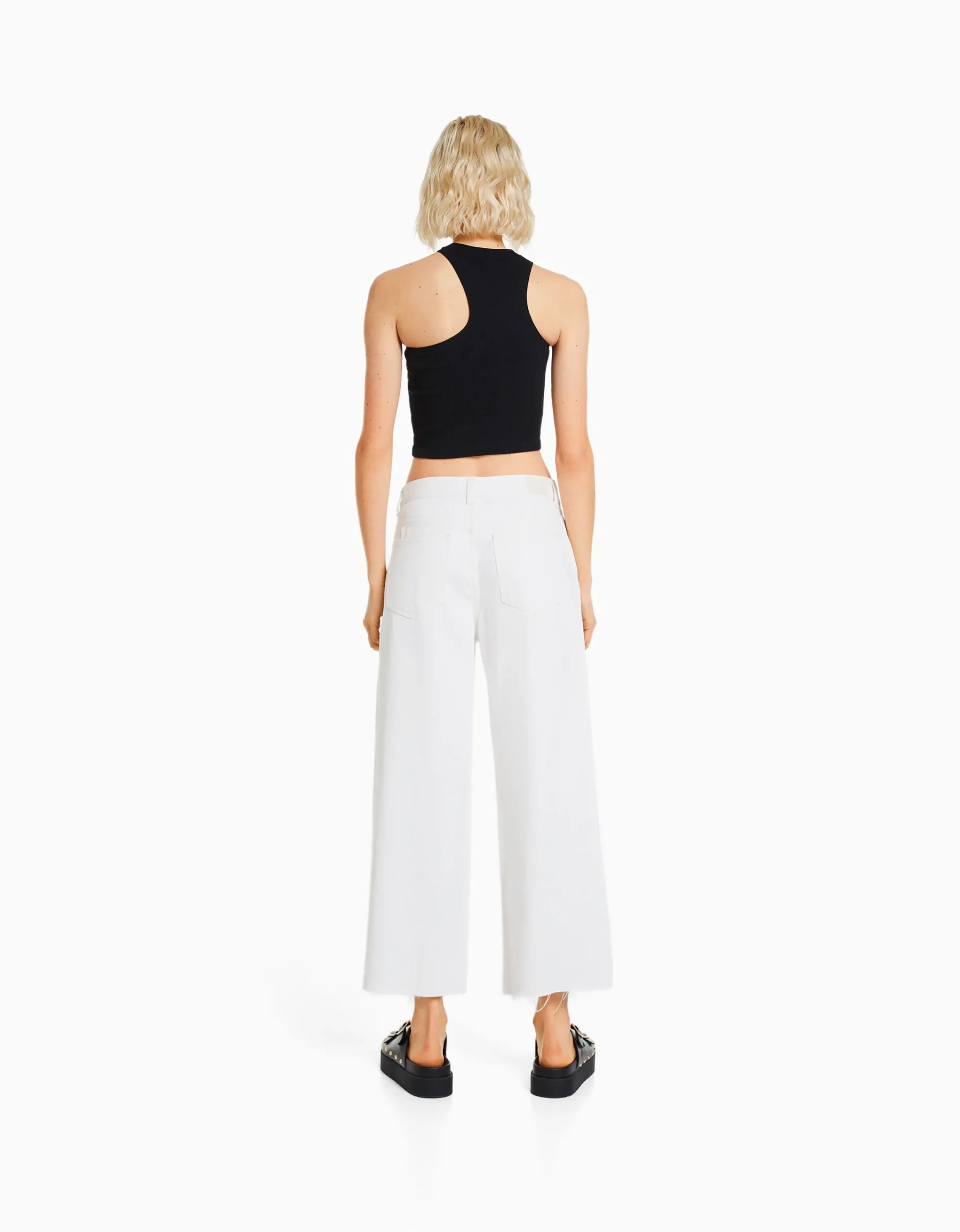 BERSHKA Jeans wide leg cropped Azul claro Clearance