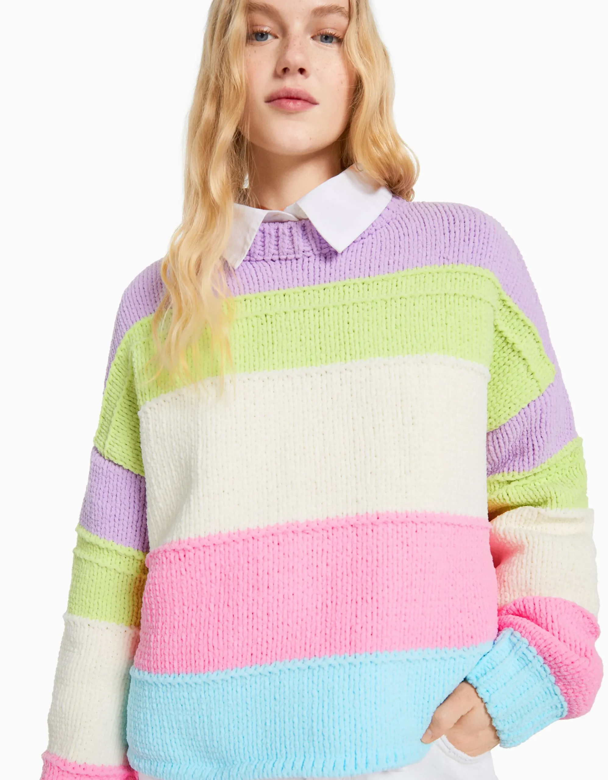 BERSHKA Jersey chenilla rayas multicolor Morado Cheap