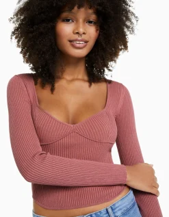 BERSHKA Jersey corsé canalé Crudo Hot