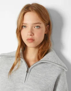 BERSHKA Jersey cuello alto cremallera Gris Best