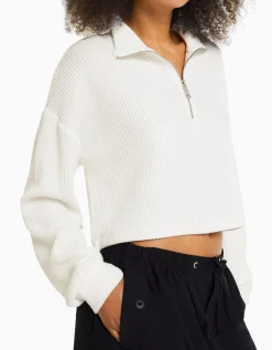 BERSHKA Jersey cuello alto punto cremallera Crudo Shop