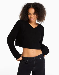 BERSHKA Jersey cuello pico Negro Cheap