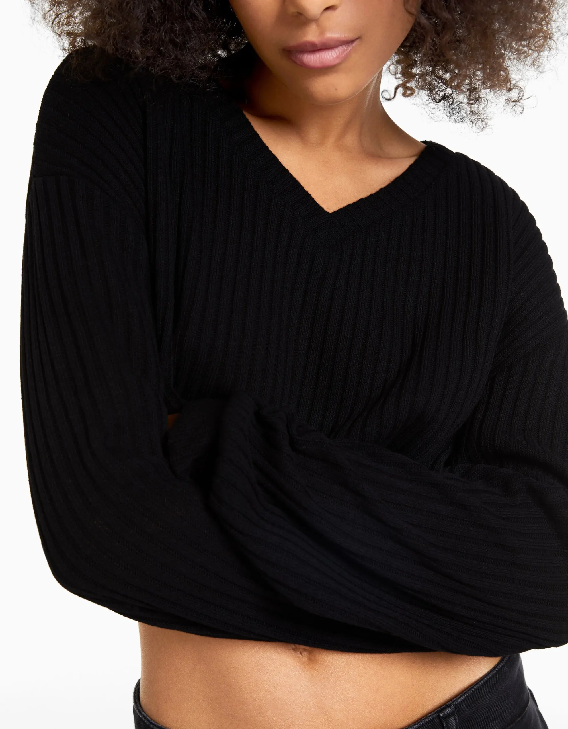 BERSHKA Jersey cuello pico Negro Cheap