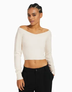 BERSHKA Jersey cuello pico cropped Gris Fashion