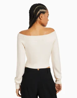 BERSHKA Jersey cuello pico cropped Gris Fashion