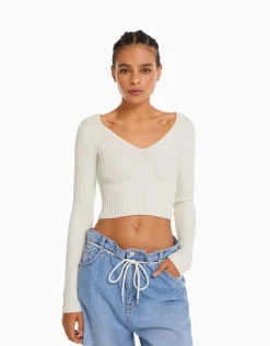 BERSHKA Jersey cuello pico rib Naranja Shop