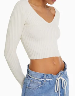 BERSHKA Jersey cuello pico rib Naranja Shop