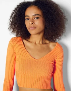 BERSHKA Jersey cuello pico rib Naranja Best