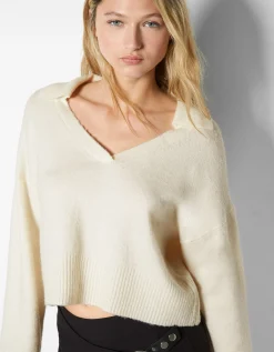 BERSHKA Jersey cuello polo Azul Sale