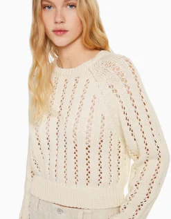 BERSHKA Jersey cuello redondo cropped calados Crudo Fashion