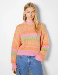 BERSHKA Jersey cuello redondo rayas Rosa Cheap