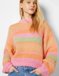 BERSHKA Jersey cuello redondo rayas Rosa Cheap