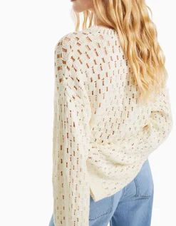 BERSHKA Jersey cuello redondo rústico calados Crudo Clearance