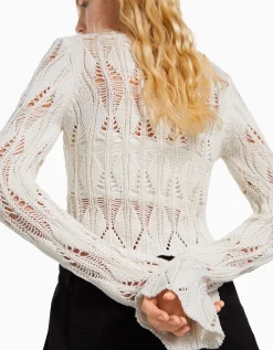 BERSHKA Jersey escote cuadrado calados Crudo Outlet