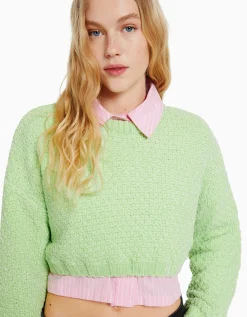 BERSHKA Jersey estructura chenilla Verde Flash Sale