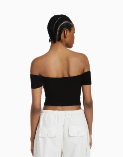 BERSHKA Jersey manga corta cruce Azul claro Outlet