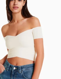 BERSHKA Jersey manga corta cruce Azul claro Sale