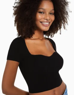 BERSHKA Jersey manga corta escote corazón punto Rosa Hot