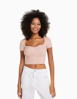 BERSHKA Jersey manga corta escote corazón punto Rosa Hot