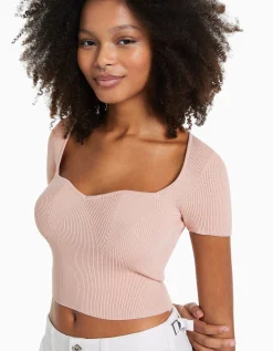 BERSHKA Jersey manga corta escote corazón punto Rosa Hot