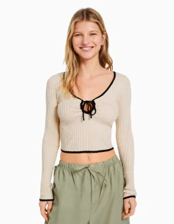 BERSHKA Jersey manga larga rib escote lazada Crudo Flash Sale