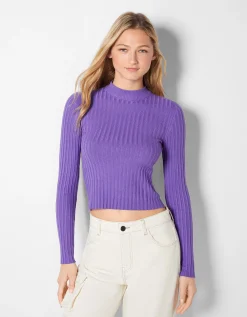 BERSHKA Jersey rib cuello alto Negro Outlet