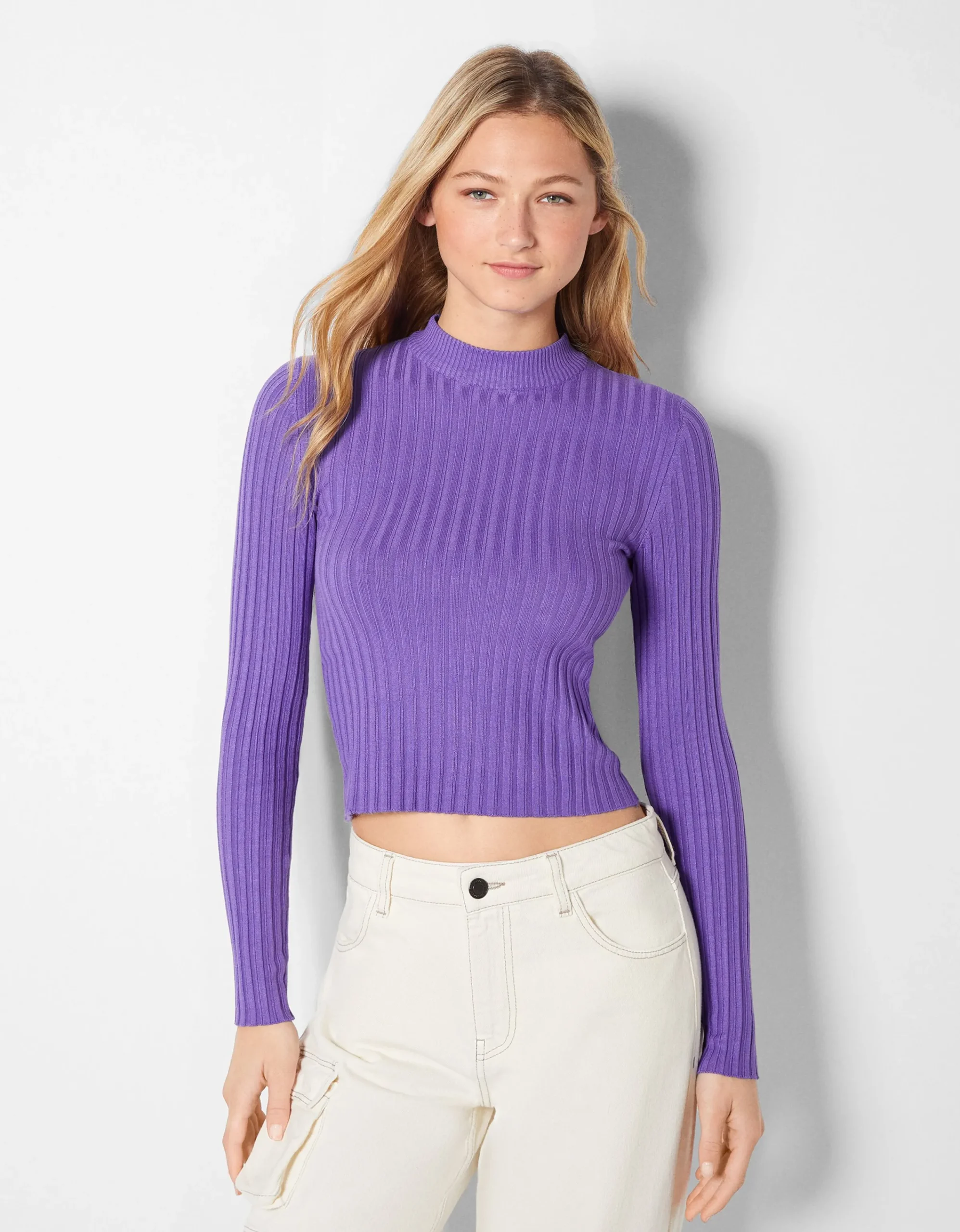 BERSHKA Jersey rib cuello alto Negro Outlet