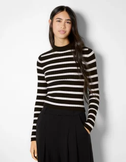 BERSHKA Jersey rib cuello alto Negro Best