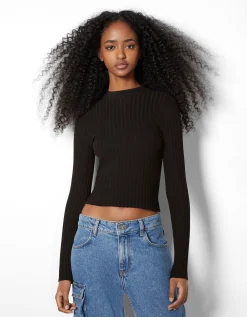BERSHKA Jersey rib cuello alto Negro Best