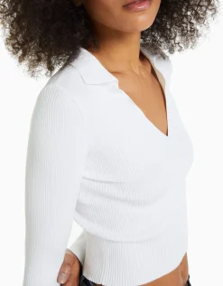 BERSHKA Jersey rib cuello polo Blanco Flash Sale
