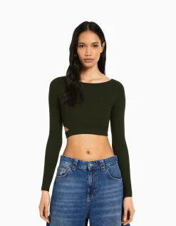 BERSHKA Jersey rib cut out Kaki Outlet